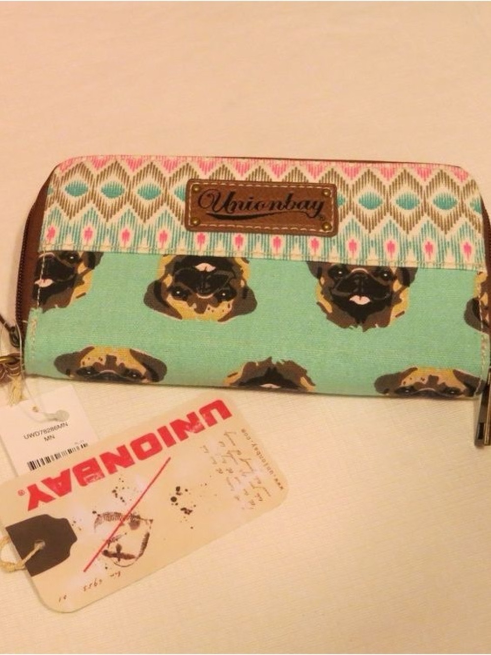 UNIONBAY Mint and Pink Pug Print Zip Wallet